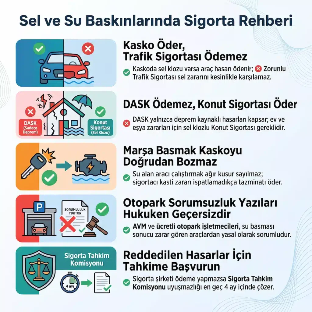 Sel hasarını kasko karşılar mı, araç sigortası sel hasarını karşılar mı, DASK sel hasarını öder mi ve su basan aracı çalıştırmak kaskoyu bozar mı sorularının özeti