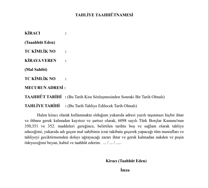 tahliye taahhütnamesi örnek dilekçesi boş